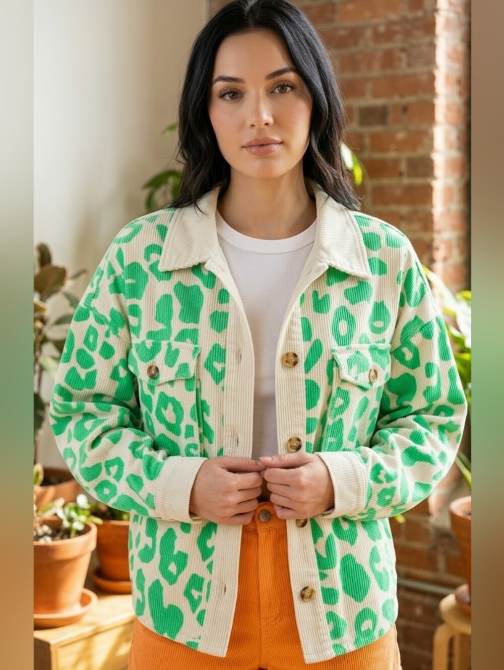 Easel Mint Green/Cream Leopard Print Jean Jacket Oversized, Size M, NWT
